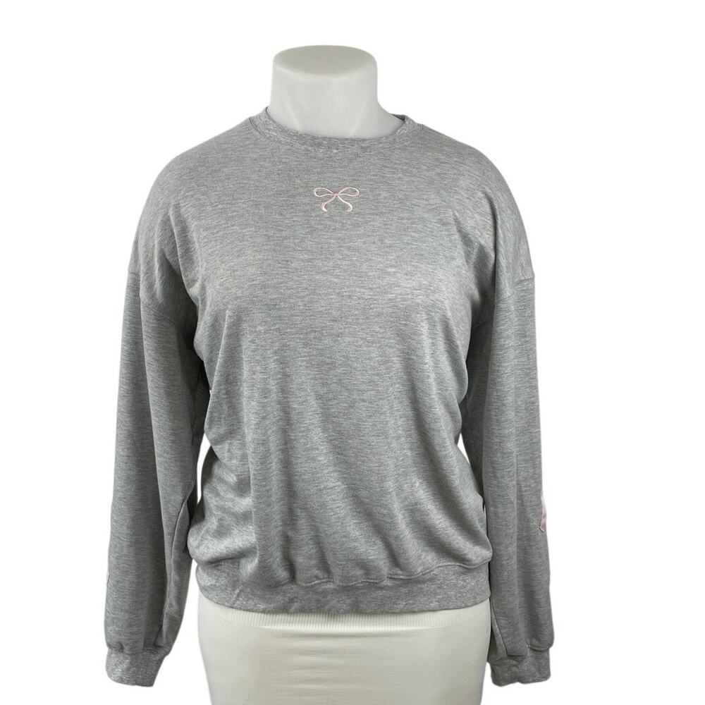 Main Strip Women's Gray Embroidered Pink Bow Long Sleeve Sweatshirt Top Size L